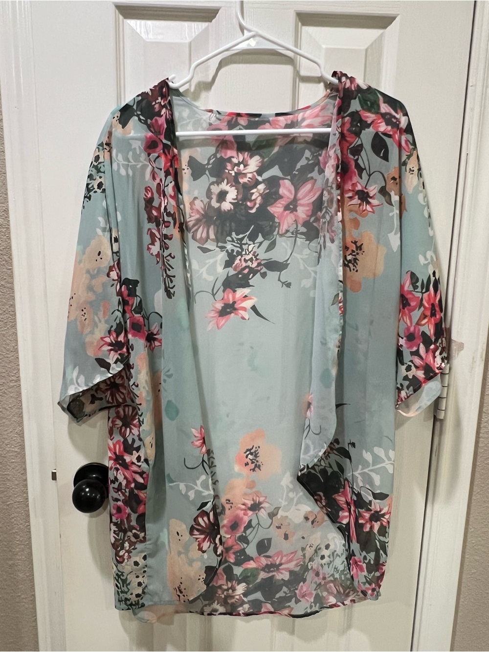 Floral Sheer Kimono Jacket - Light Aqua Blue Floral